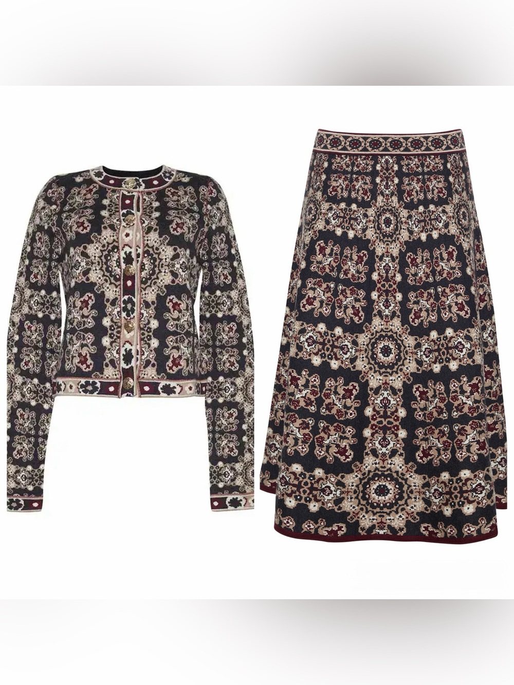 Cara Cara Livi Jacquard Knit Button Front Jacket Maroon and Gray Tile Pattern